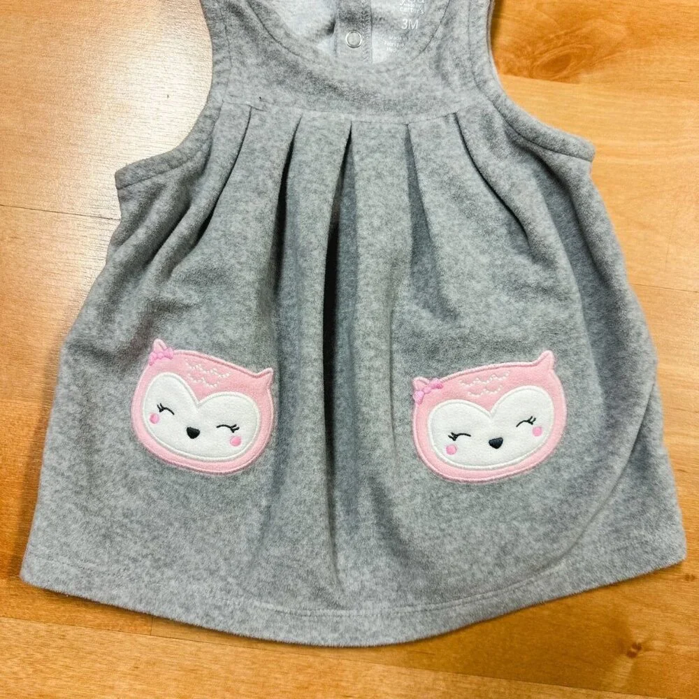 Carters Baby Girl Gray Sleeveless Fleece Owl Graphic Pocket Dress Size 3M
